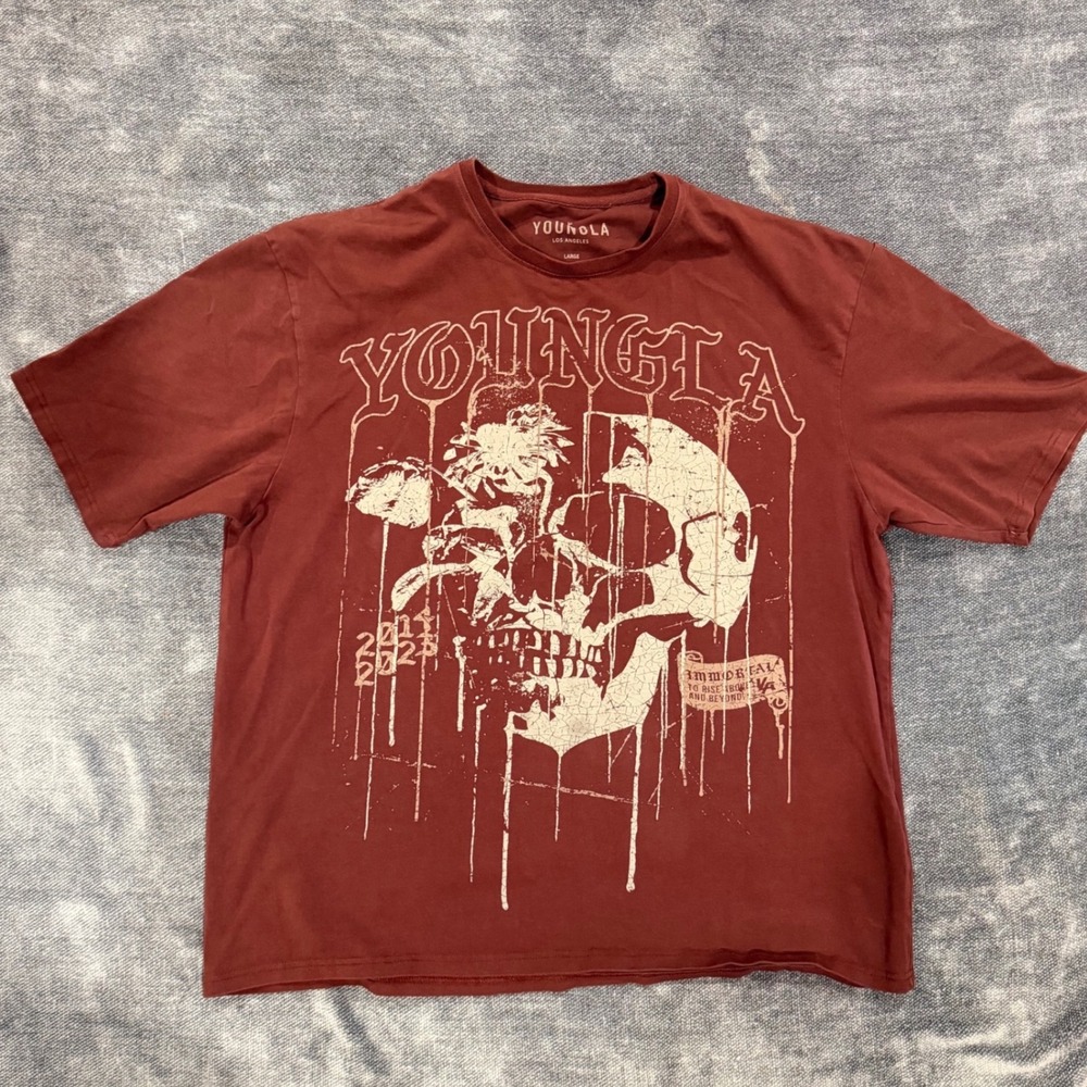 YoungLA Mens Skull Graphic T-Shirt Maroon Red YLA Immortal Gym Shirt Large